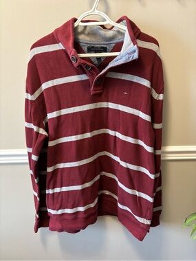 Tommy Hilfiger Maroon V-Neck Sweater with Chambray Trim